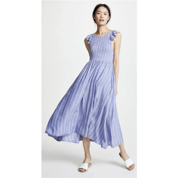 Free People Chambray Striped Dress Pastel Blue Smocked Waist Ruffle - Picture 2 of 7